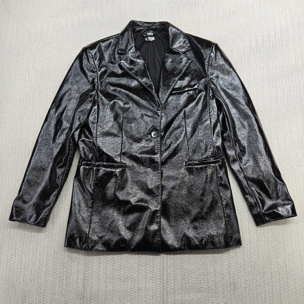 H&M Divided Jacket Coat Womens XS Black Faux Leather Shiny Metallic Extra Small